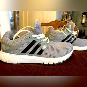 Women adidas cloud foams grey with black patent stripes